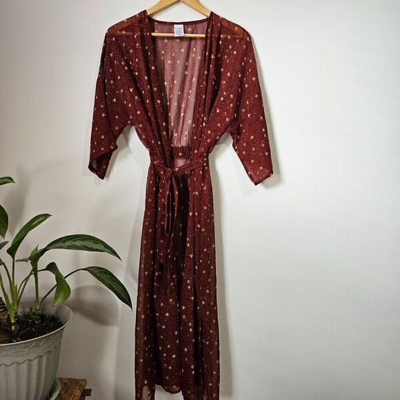 NEVER WORN TIME AND TRU RED DITSY FLORAL LONG BELTED KIMONO CARDIGAN SIZE SMALL - Picture 1 of 14